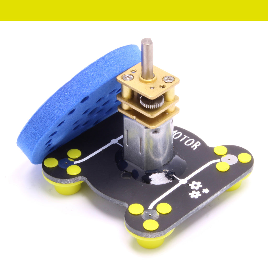 The Circuit Scribe Motor Module on a white background. This module spins quickly when a voltage is applied. Module includes a soft foam wheel. Students can create their own propellers or paper crafts and put them on top.The motor can spin in either direction depending on where the motor is. 