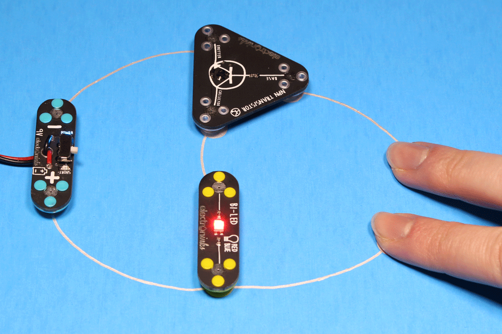 An animated image of the Circuit Scribe NPN Transistor Module using a conductive ink circuit pen drawing.