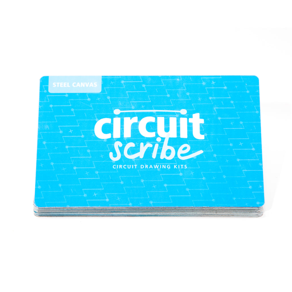 A Circuit Scribe branded steel sheet for magnetic modules on a white background. Rectangle blue steel canvas. Metal sheet that serves as a magnetic surface for the Circuit Scribes module kits. The steel canvas is like a bookmark. 